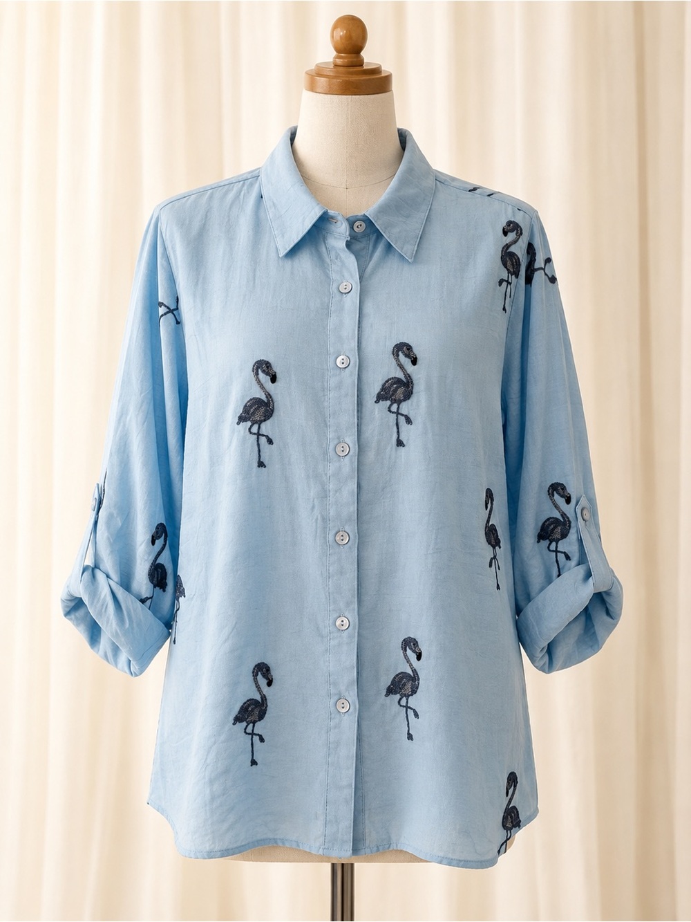 Light Blue Flamingo Button-Down Shirt - Women's Top